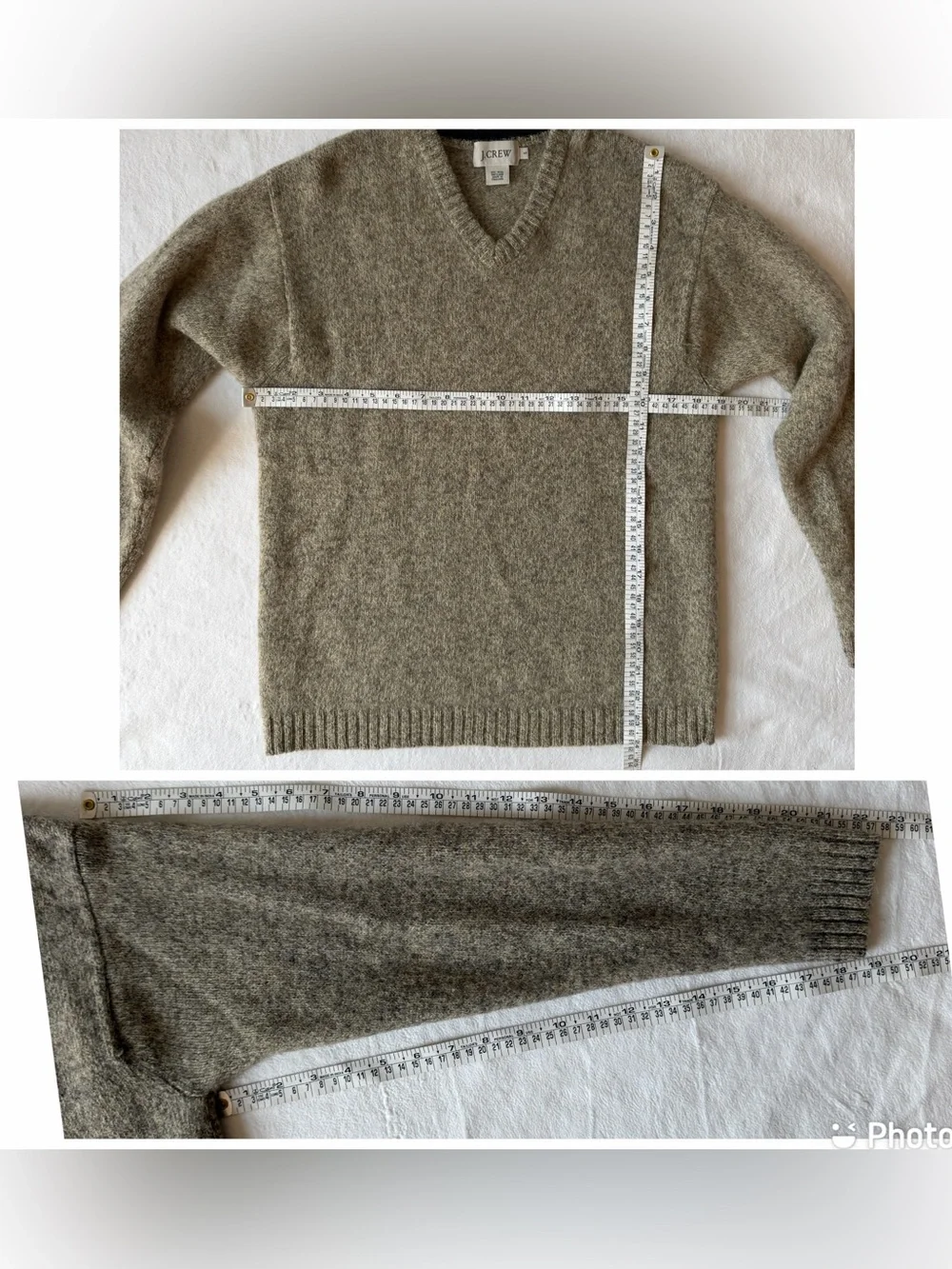 J Crew Tan Oatmeal 100% Shetland Wool Greige V Neck Marled Sweater Pullover, S